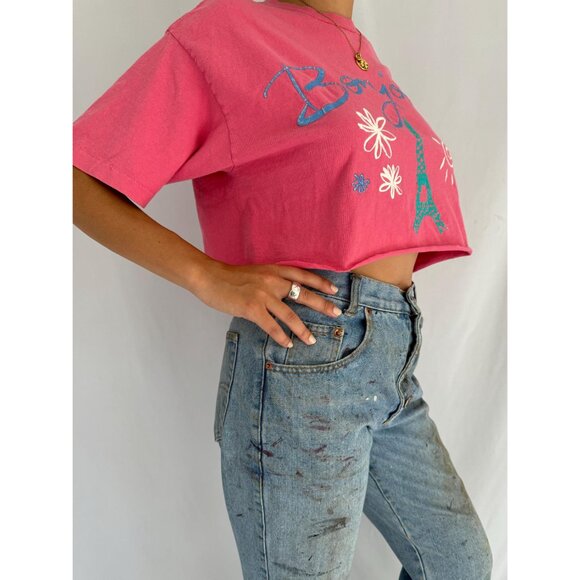 90s vintage pink bonjour paris travel souvenir cotton cropped tee shirt crop top - Picture 5 of 9
